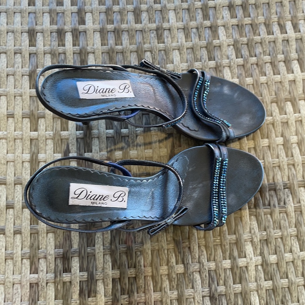 Diane B. Navy Leather Heels Rhinestone Embellished.